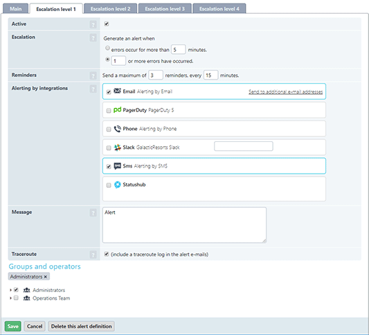 Screenshot: Alert Definition / Escalation 1 screen