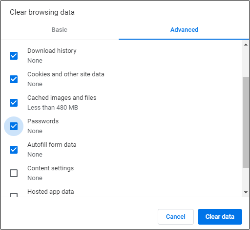 Screenshot: Clear auto-fill and passwords before recording transactions.