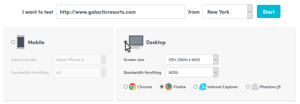 Desktop website test dialog