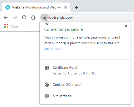 Screenshot: site security information available when you click on the lock icon.