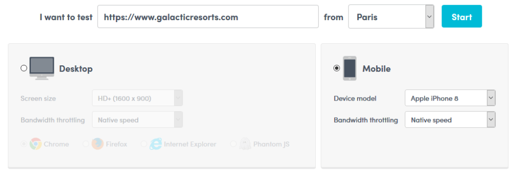Screenshot: Uptrends Free Website Test Tool settings