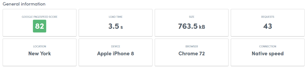 Screenshot: General web page and page performance details
