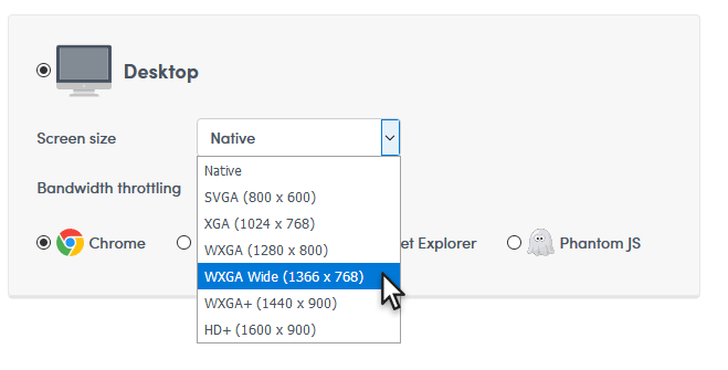 Desktop screen size options