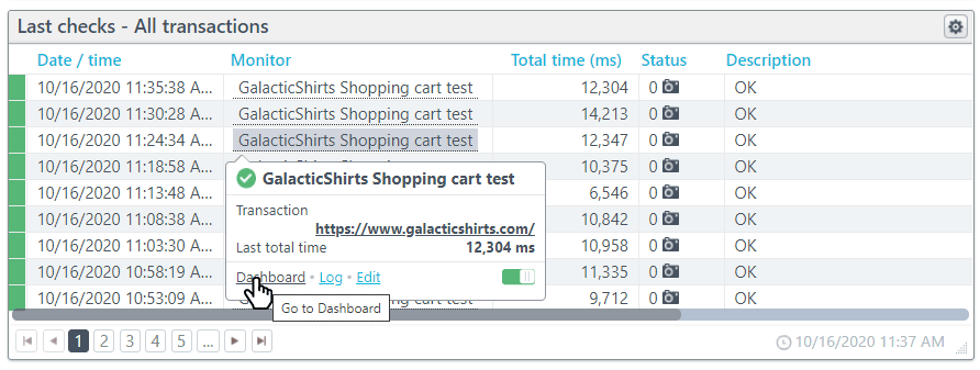 Screenshot: Hover over the monitor name to access the transaction monitor’s dashboard