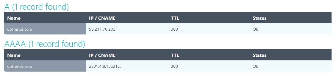 A and AAAA records screenshot