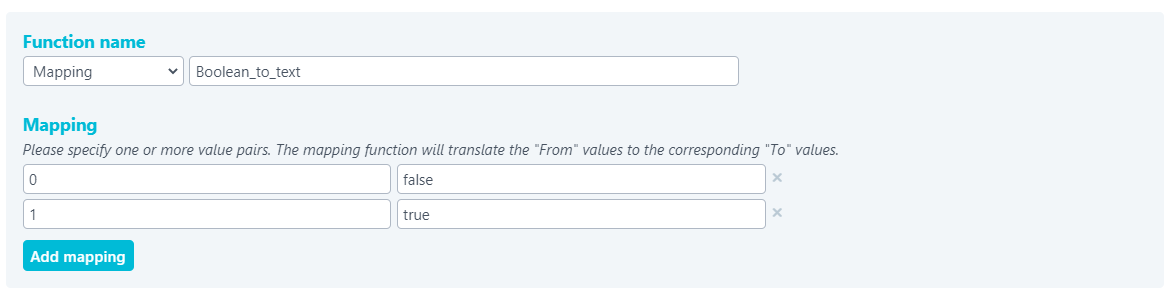 Screenshot: mapping function set up