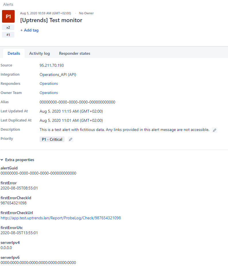 An Uptrends alert in Opsgenie