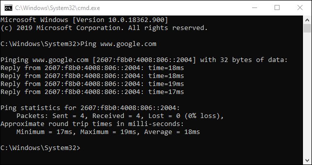 Ping test results