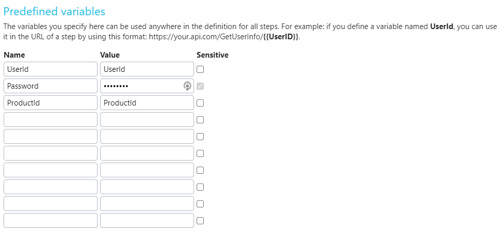 Screenshot: Predefined variable set up screen