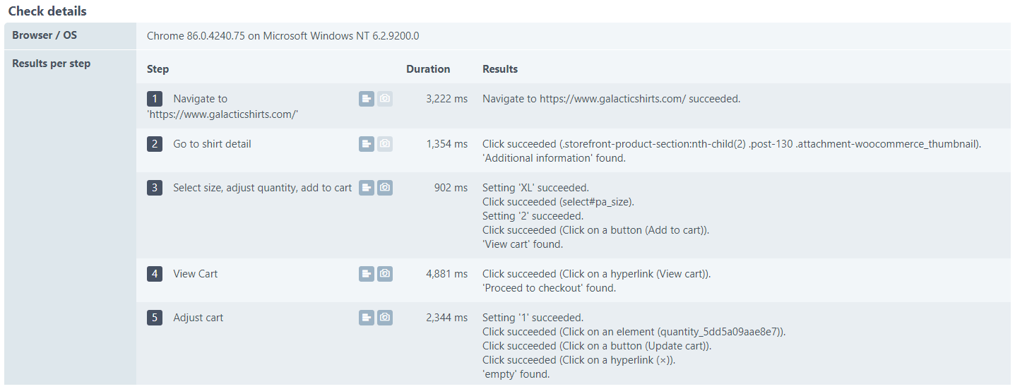 Report: Check detail showing results per step