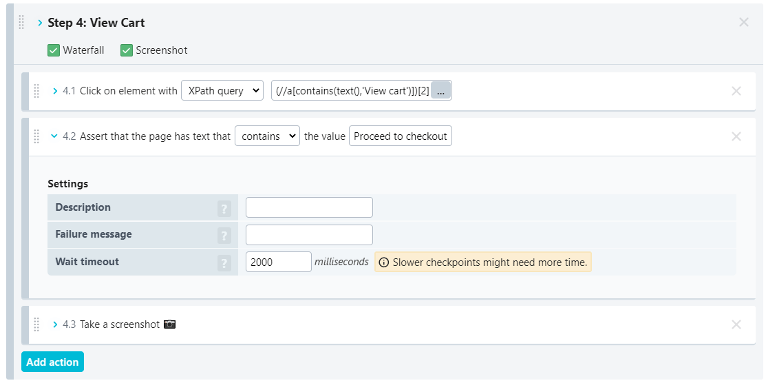 Screenshot: Change the Wait timeout to alert sooner on the slow or missing content.
