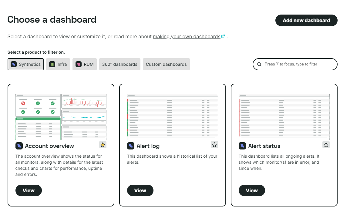 screenshot of All dashboards popup