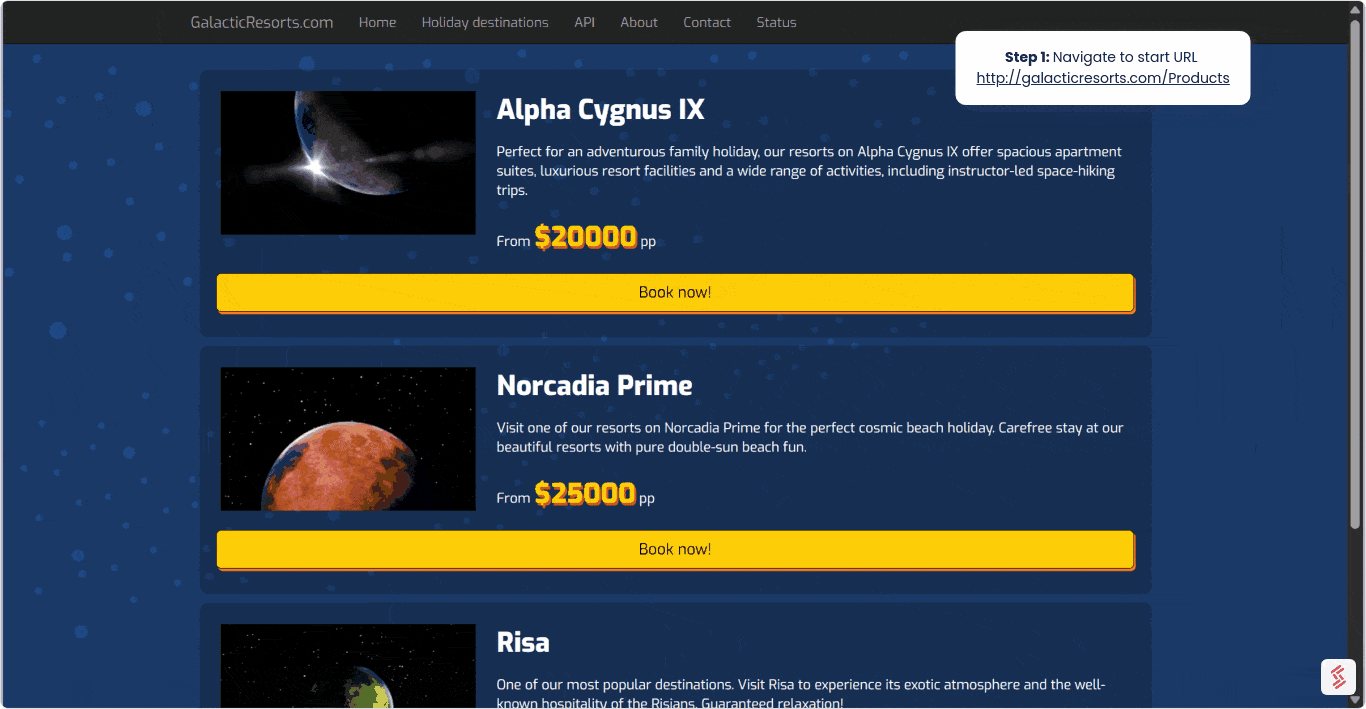 Galactic resorts products website user journey