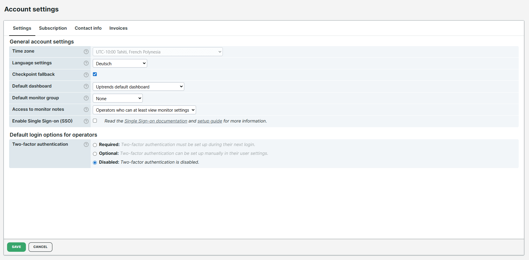 Administrative page: Account settings