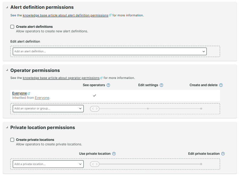 Operator permissions: Alert definition, Operator, and Private location permissions