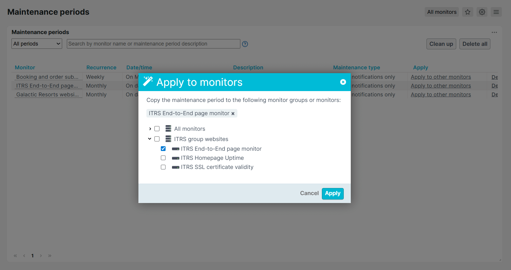 Apply maintenance periods to multiple monitors