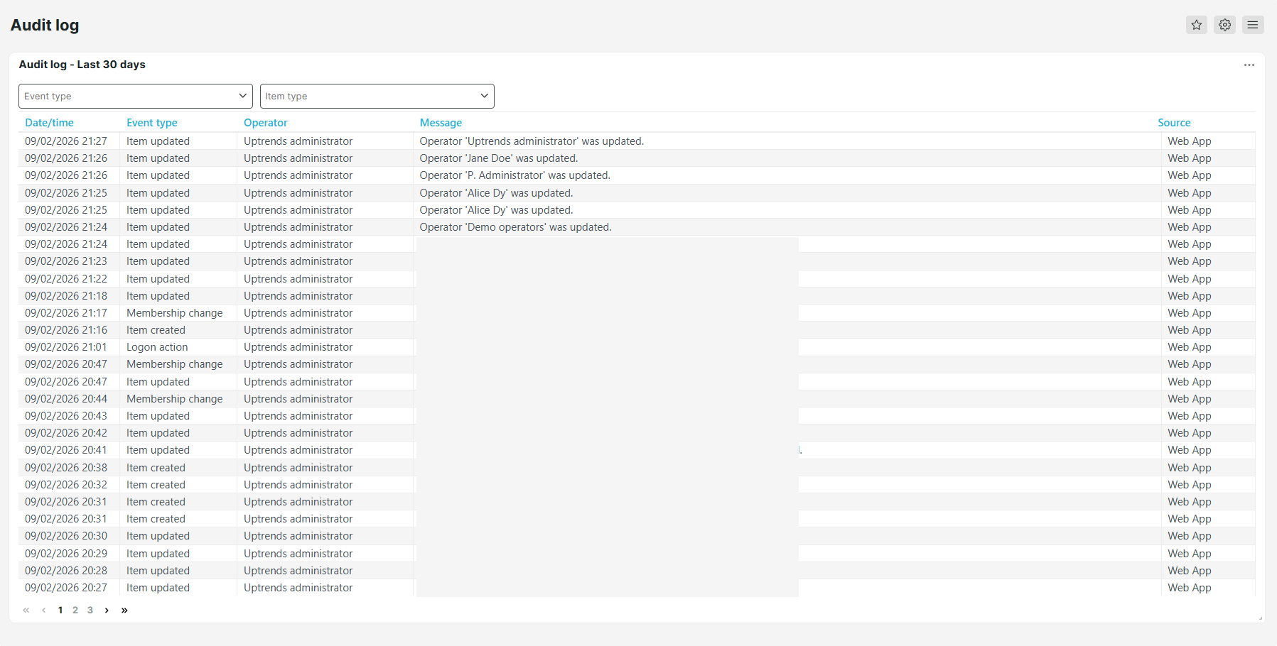 Administrative page: Audit log