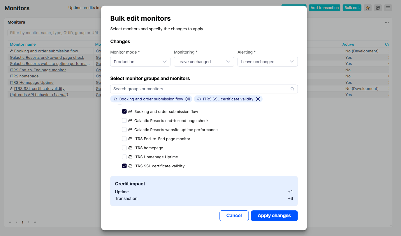 Bulk edit monitors and preview credit usage in the Monitor configuration overview