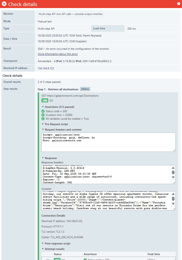 Check details monitor results for a multi-step API monitor