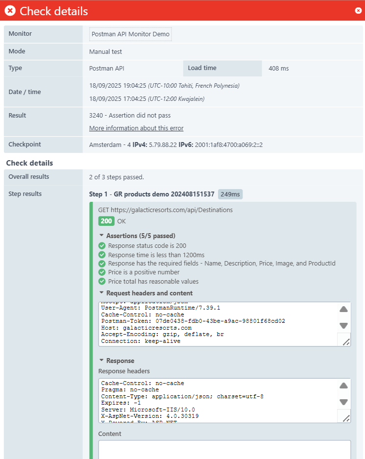 Check details monitor results for a postman API monitor