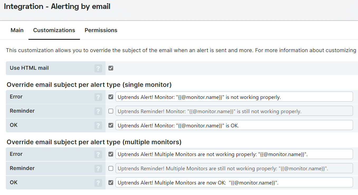 Customizing alerting email subject