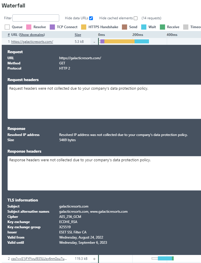 Data protection hidden HTTP request and response headers in Waterfall Chart