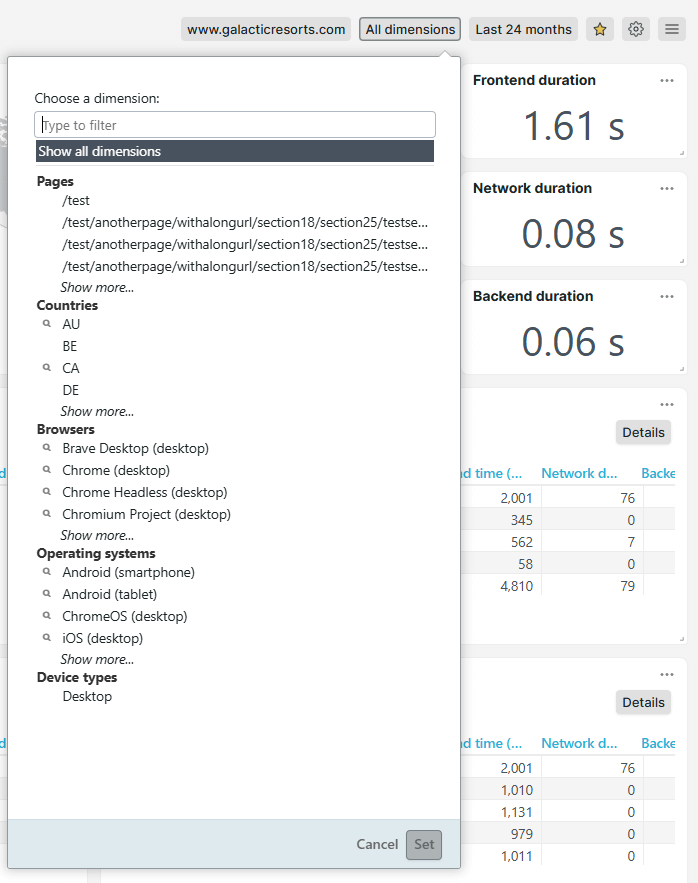 Dimension filter in RUM dashboards