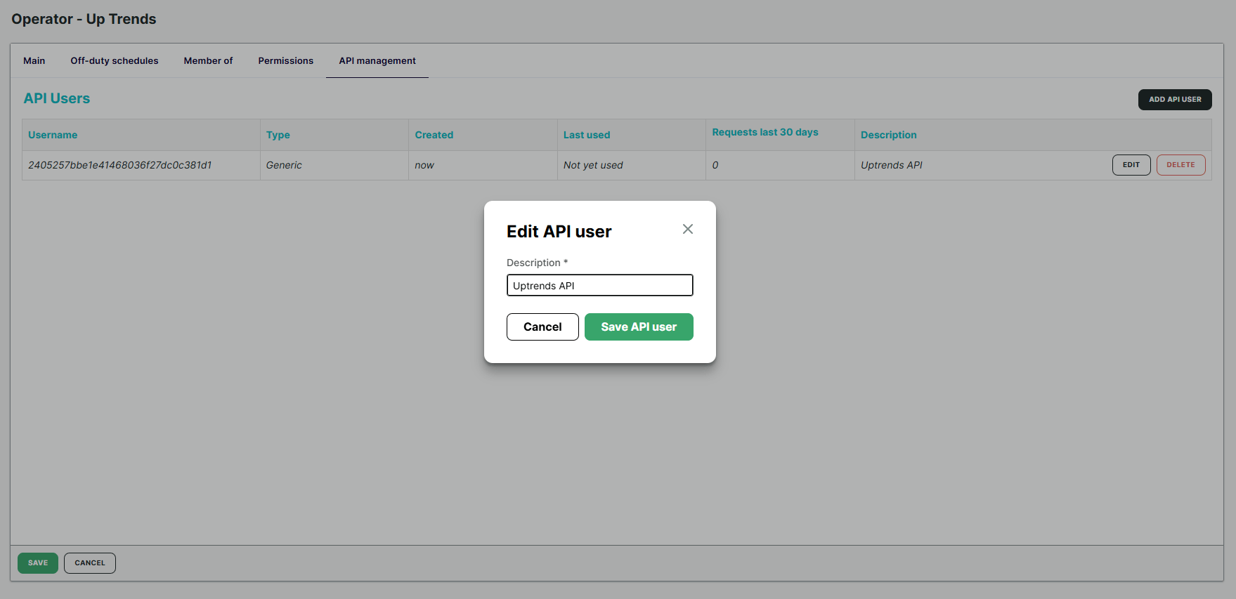 Edit API user descriptions