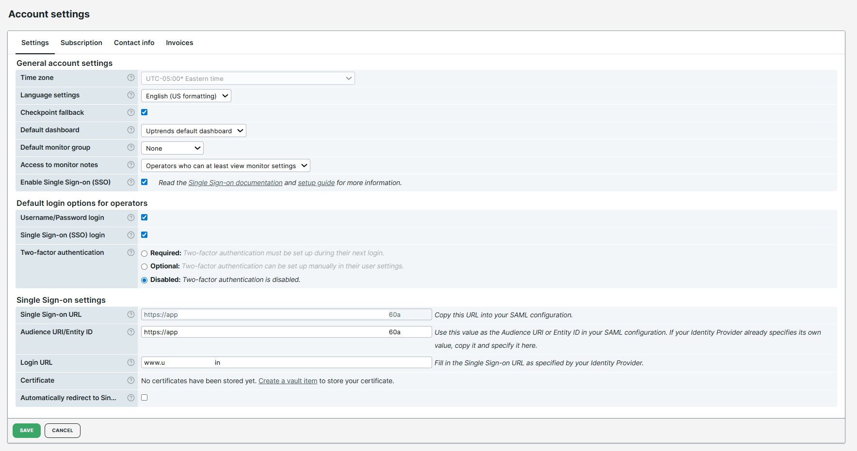 Enable SSO in Uptrends account settings