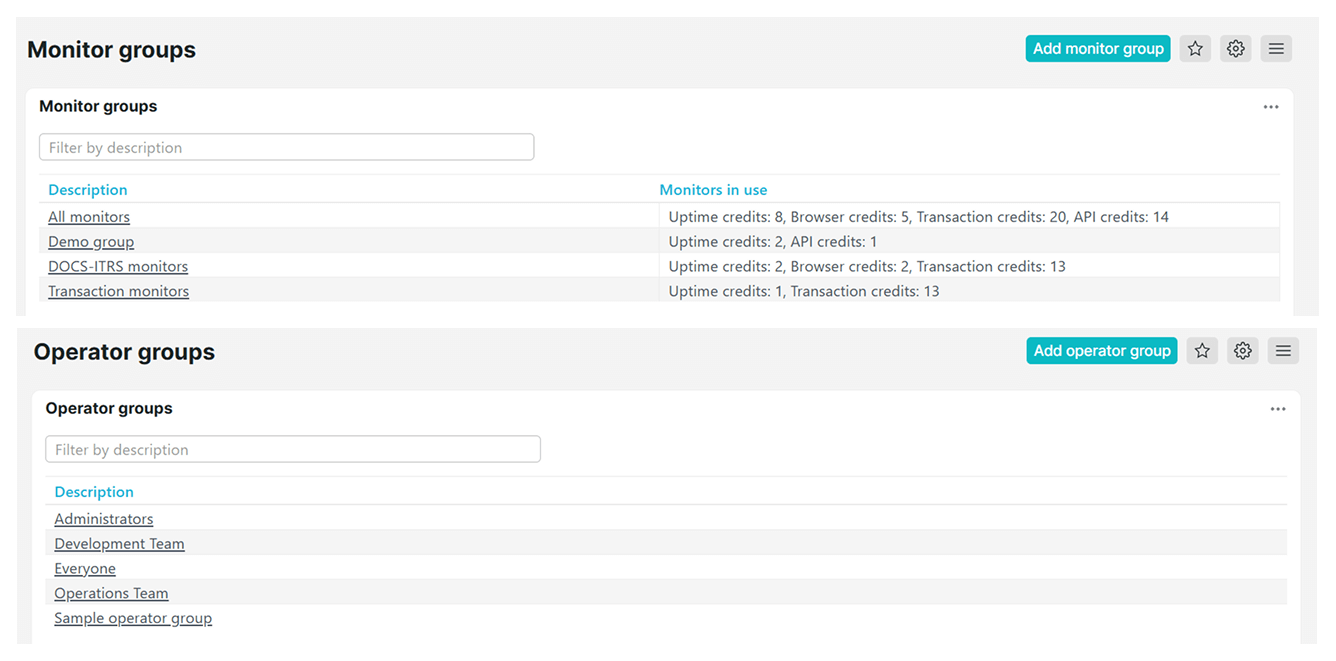 Filter monitor groups and operator groups by description