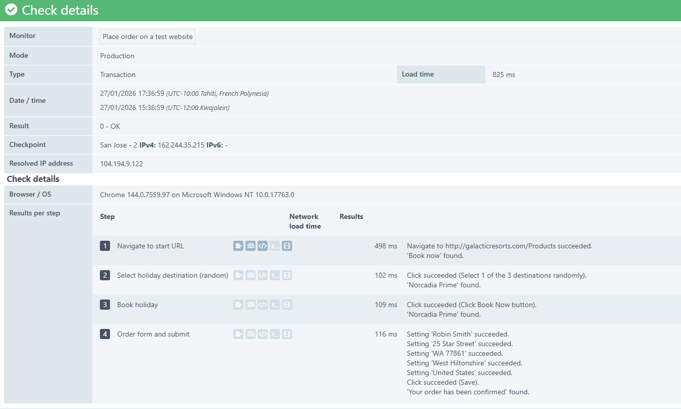 Network time monitor result for transaction monitors