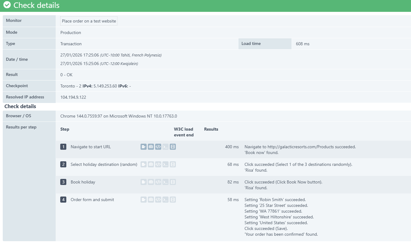 W3C load event monitor result for transaction monitors