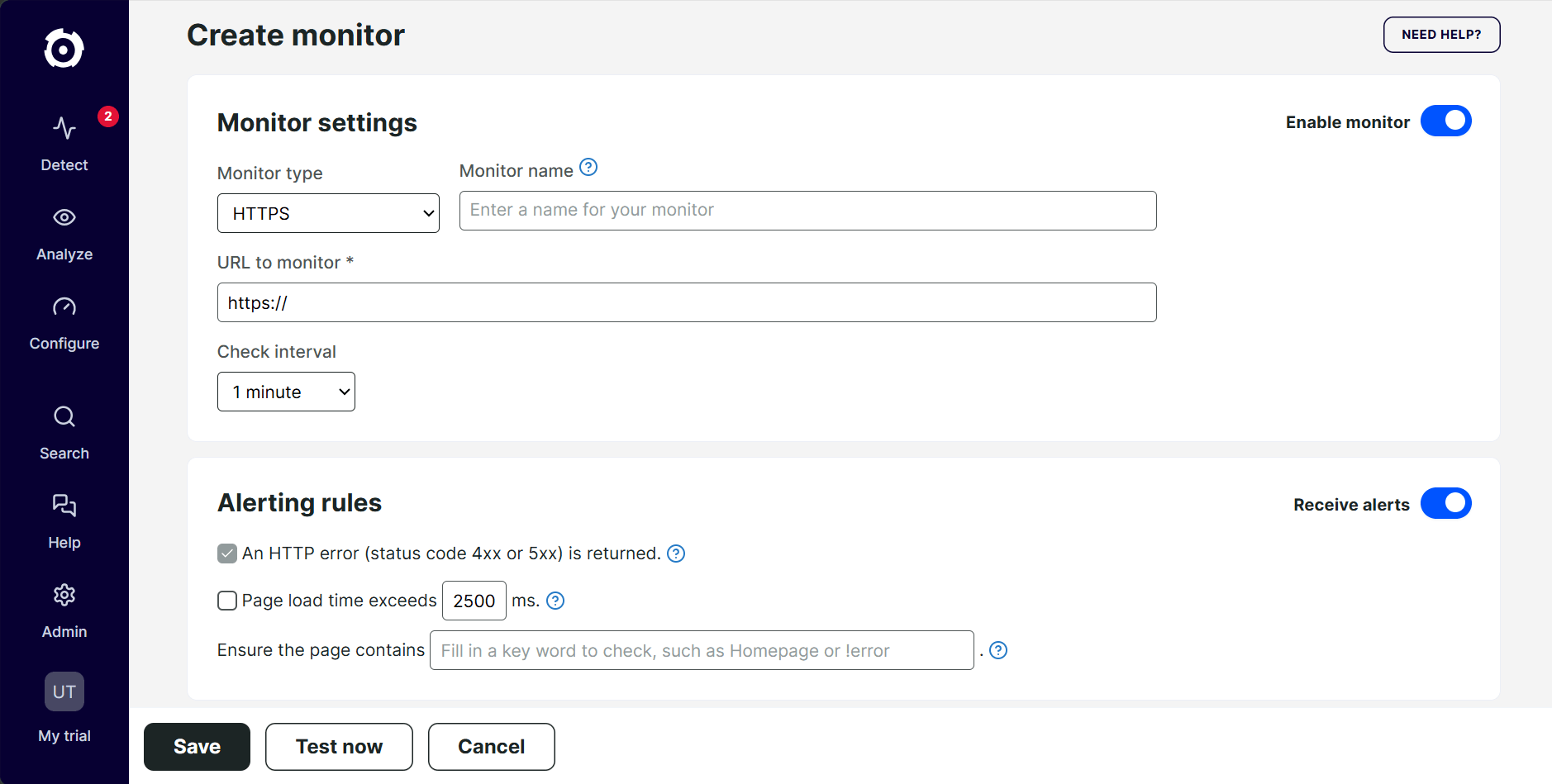 Simplified Monitor Editor in the Uptrends modern web application interface