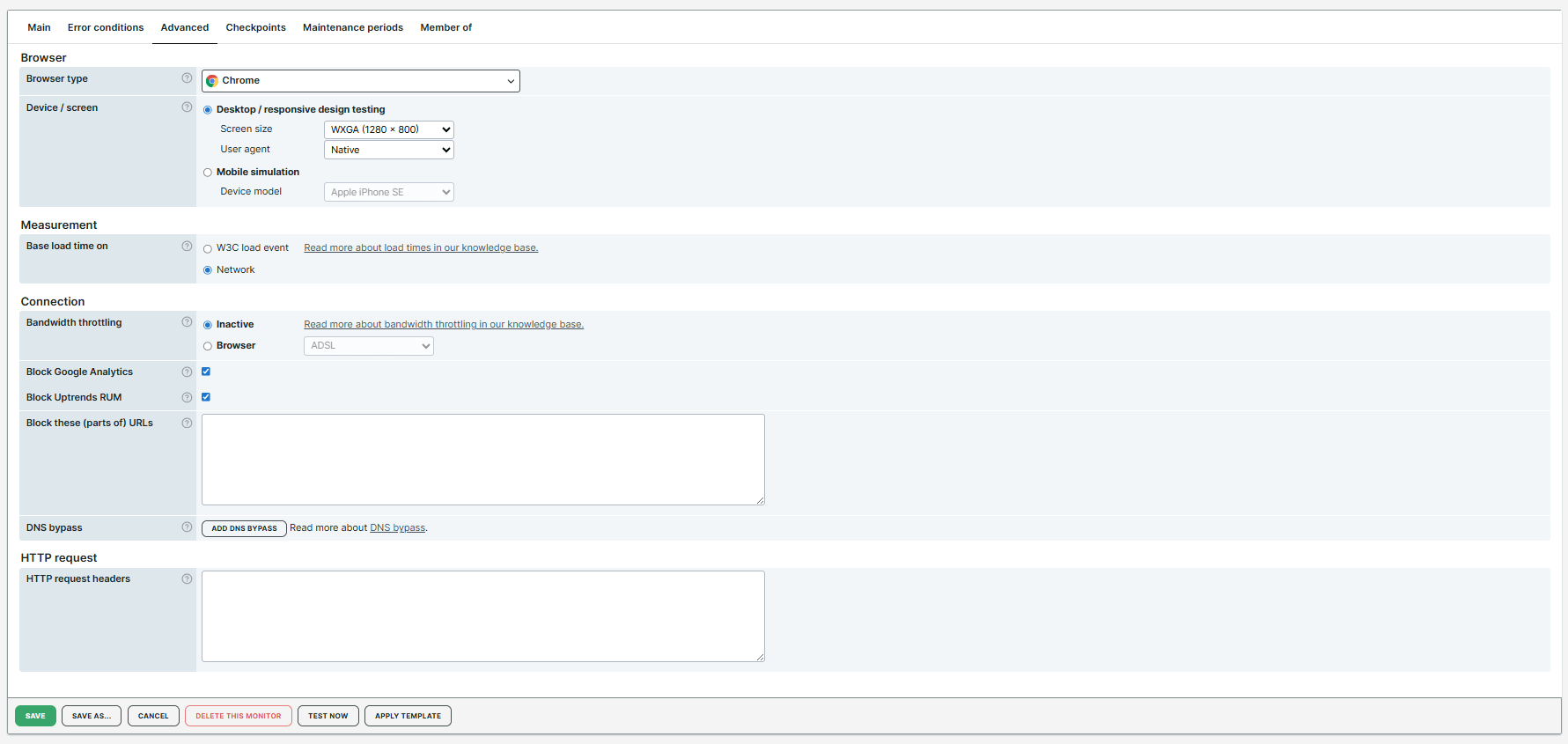 Monitor configuration displayed in the Advanced tab