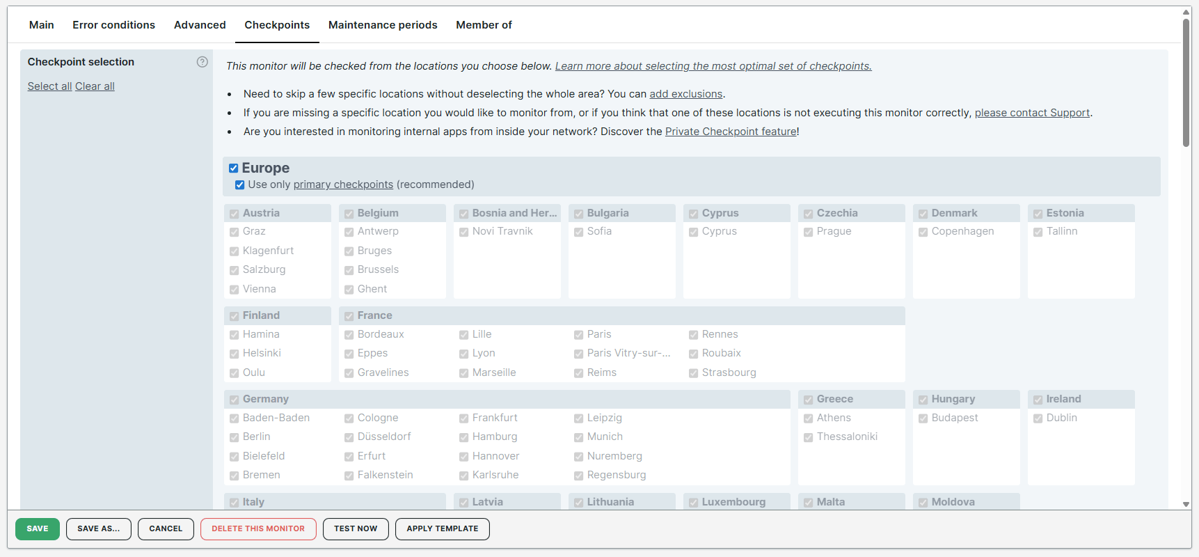Monitor configuration displayed in the Checkpoints tab