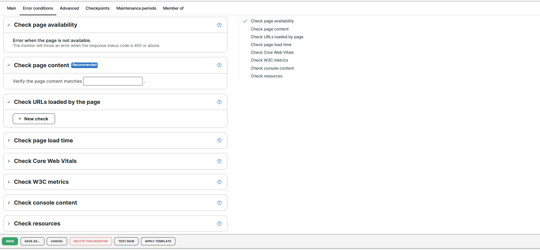 Monitor configuration displayed in the Error conditions tab