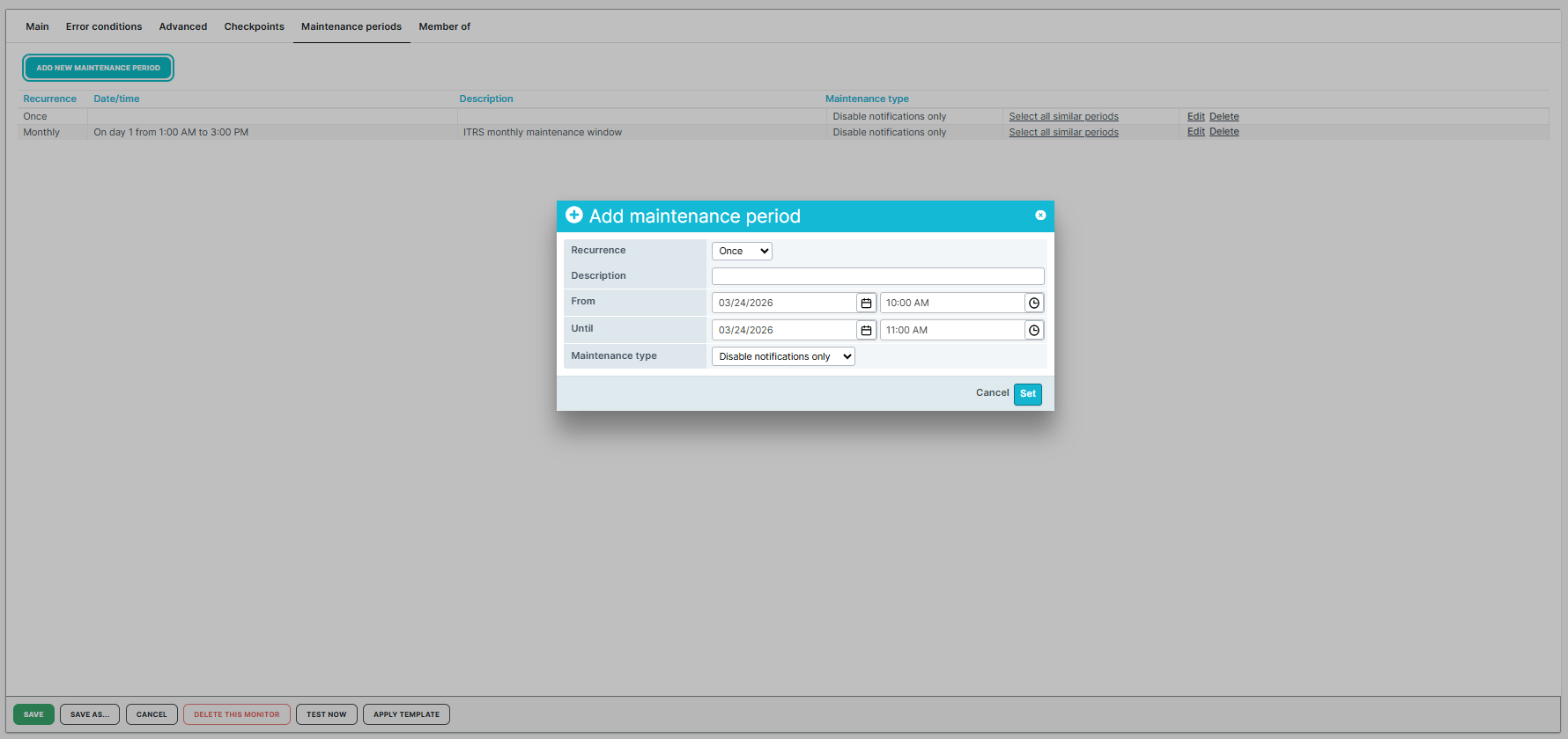 Monitor configuration displayed in the Maintenance periods tab