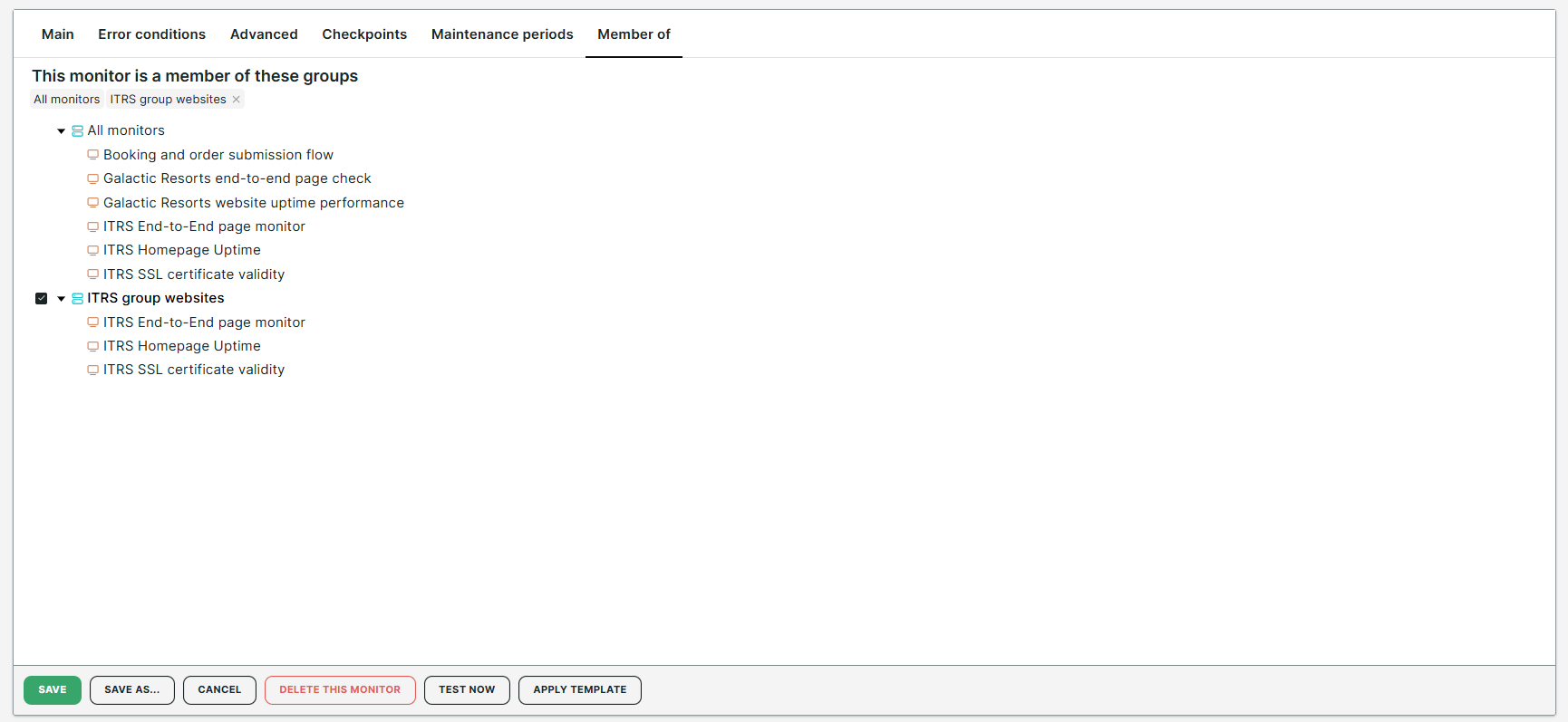 Monitor configuration displayed in the Member of tab