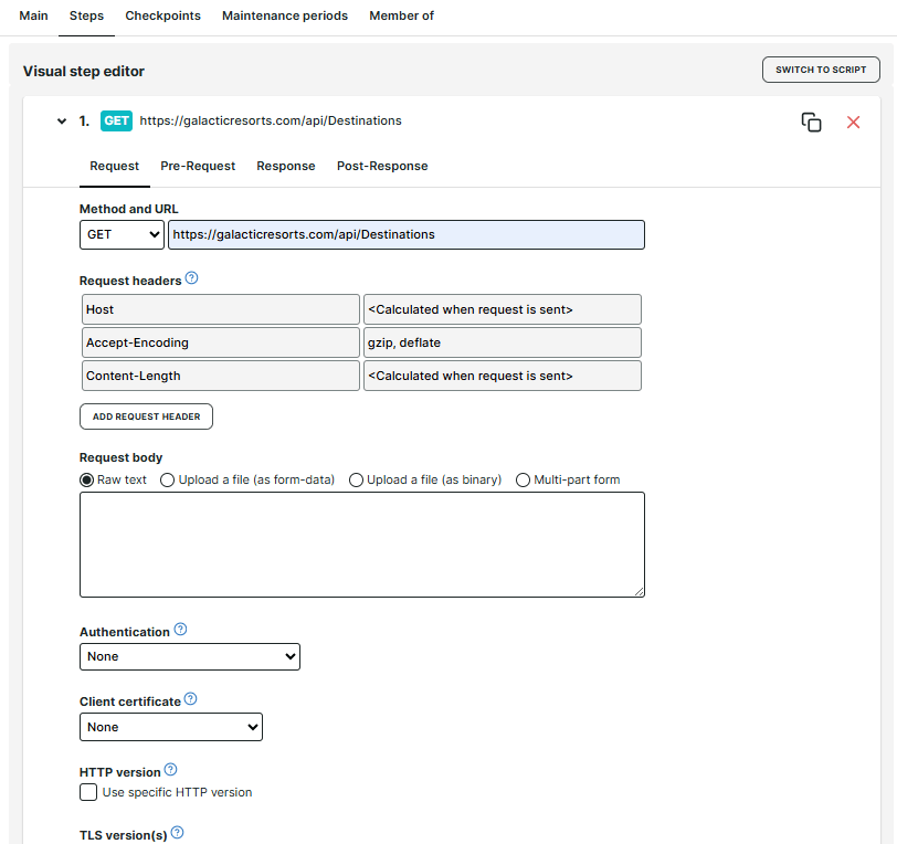 Monitor configuration displayed in the Steps tab for a multi-step API monitor
