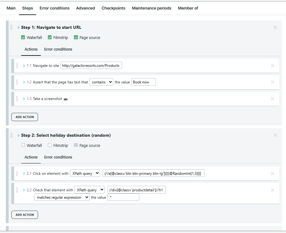Monitor configuration displayed in the Steps tab for a transaction monitor