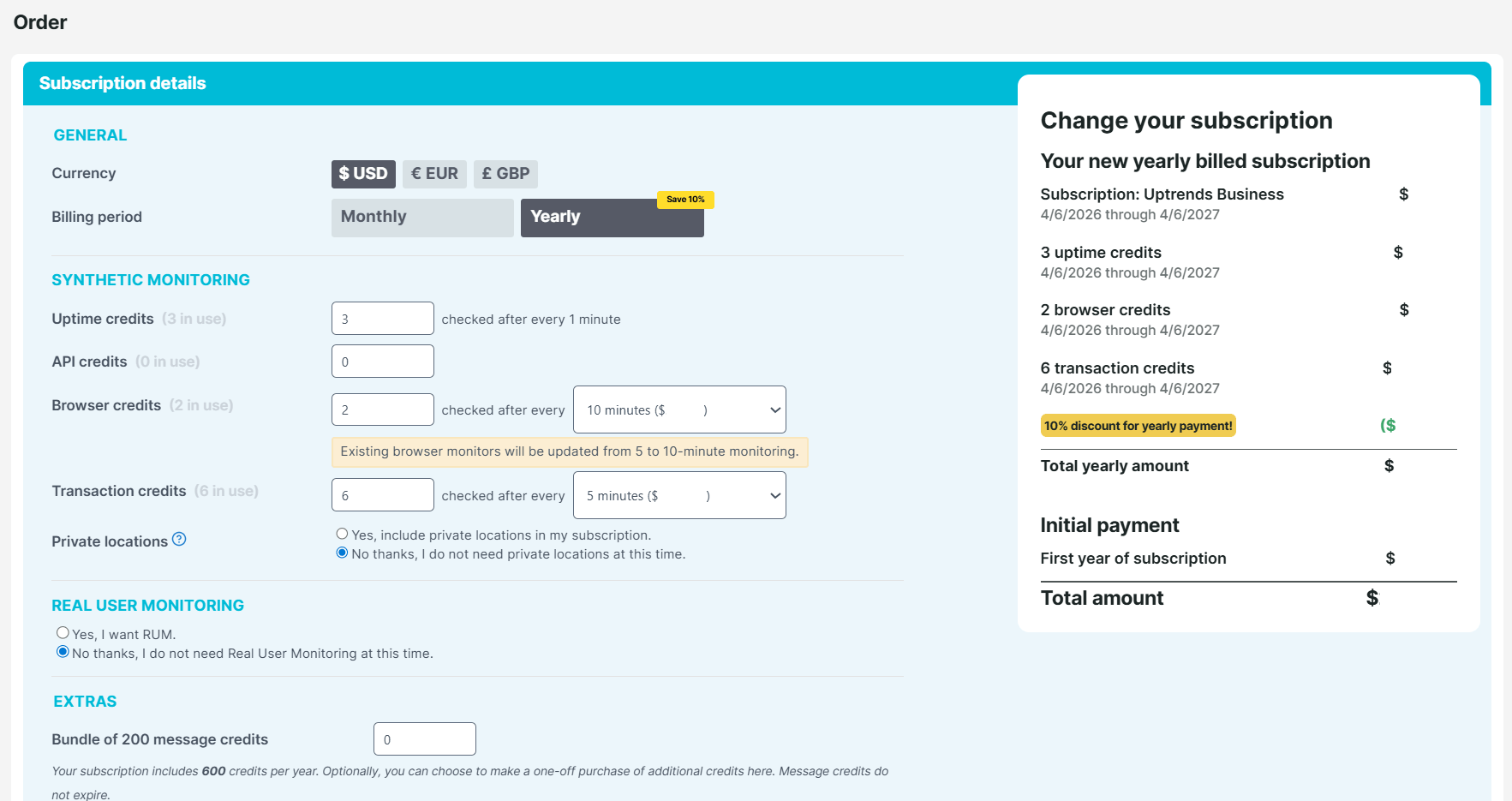 Pricing and order page