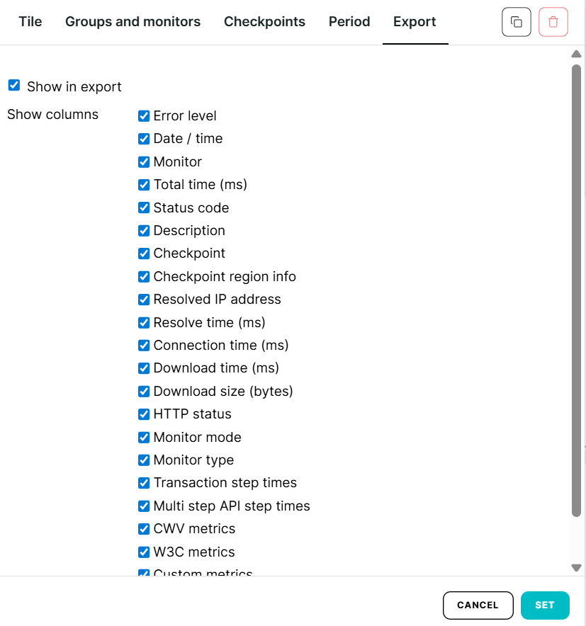 Export tab in report tiles