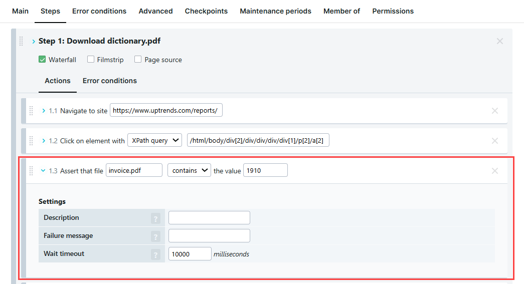 Transaction monitor with a Test file download content check