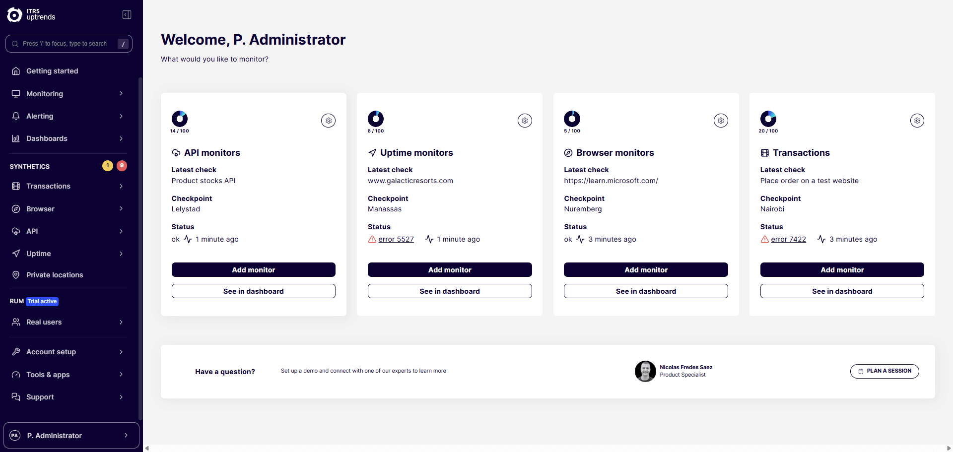 Uptrends web application user interface
