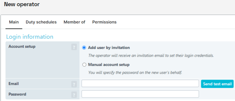 screenshot of new operator login settings