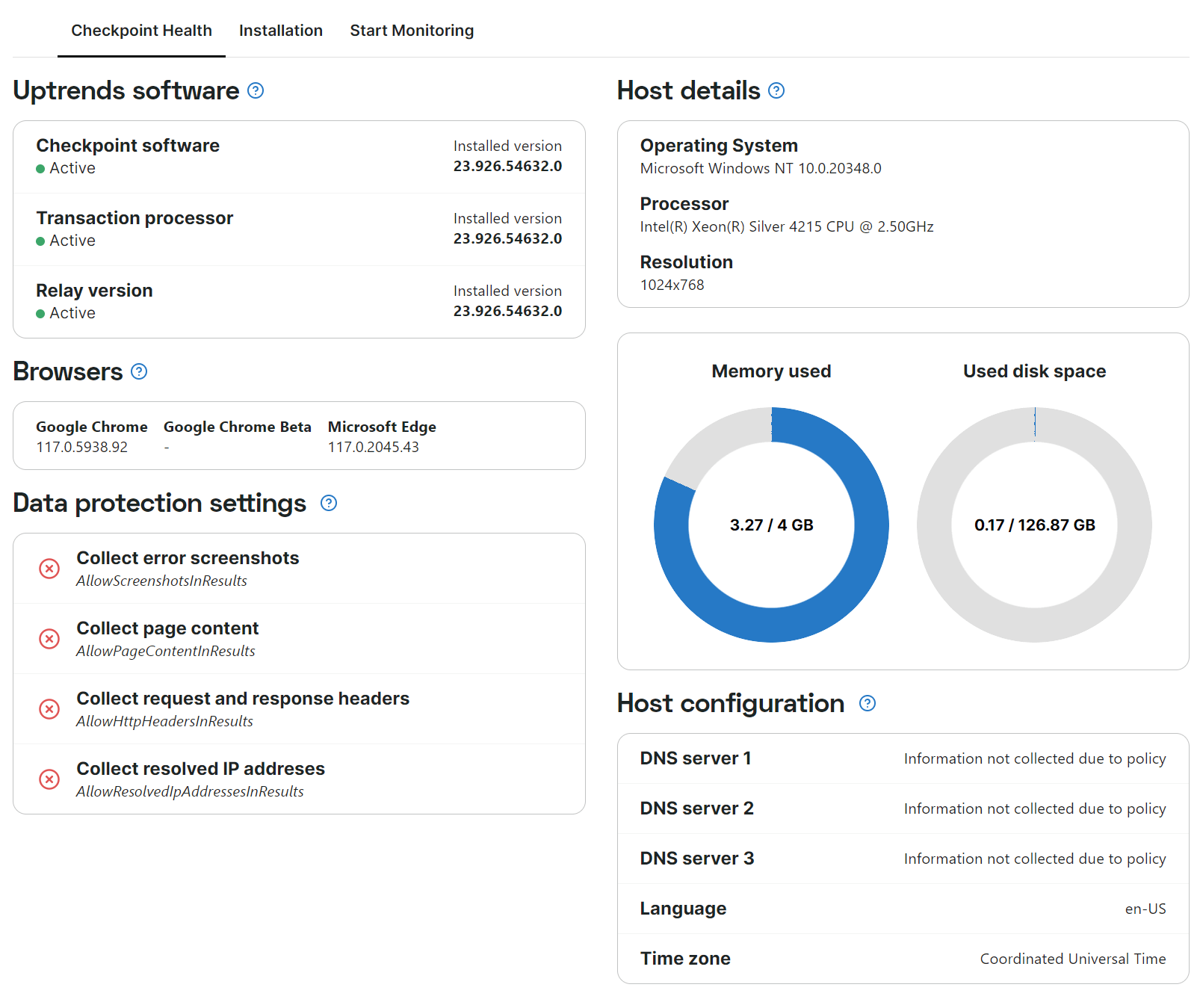 Data protection settings on Checkpoint Health tab