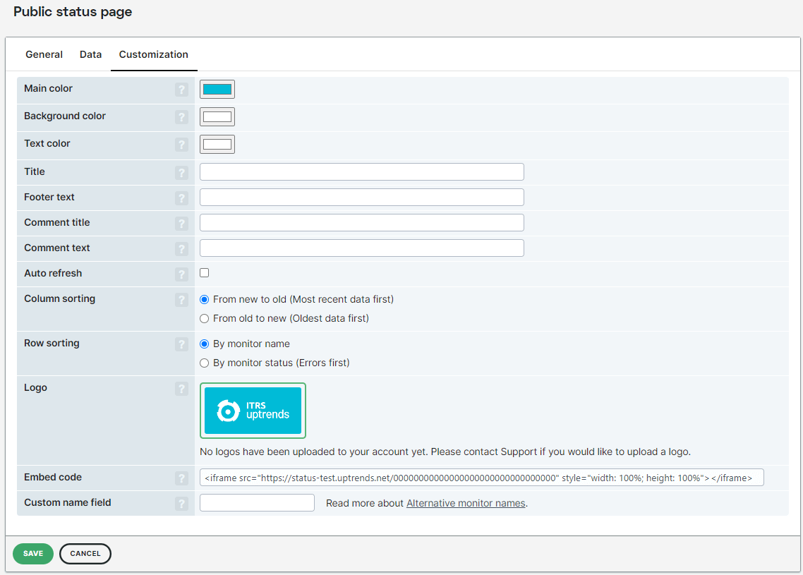 screenshot customization tab of public status page