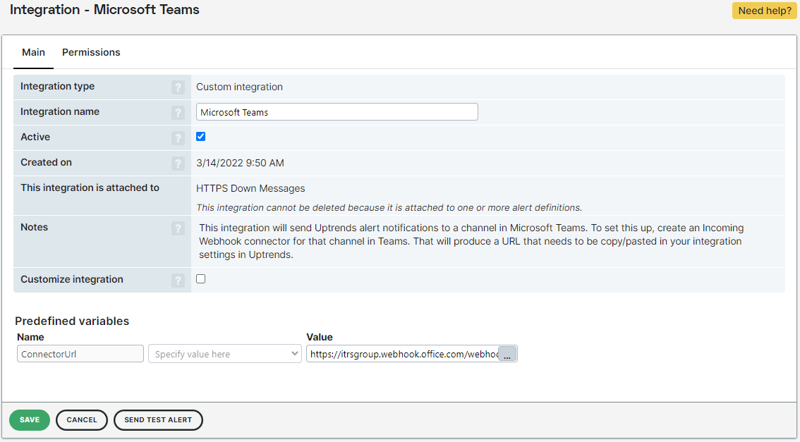 screenshot Microsoft Teams integration test