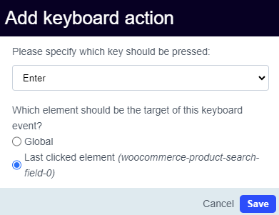 screenshot of add keyboard action popup