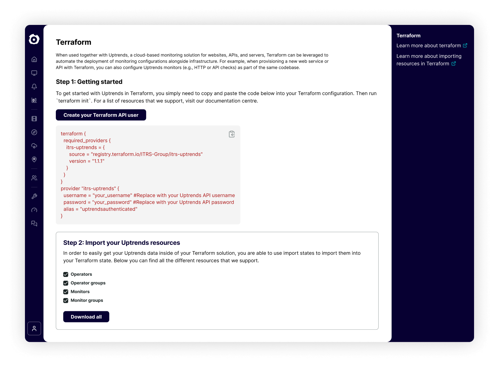 Screenshot of exporting Uptrends resources for use in Terraform